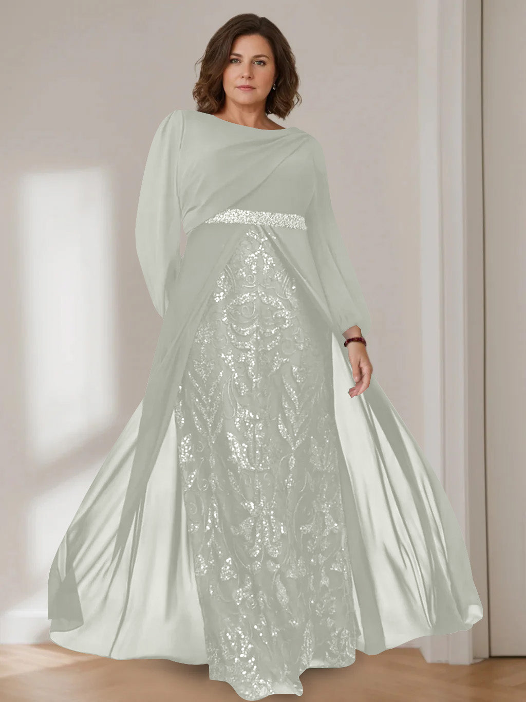 A-Line/Princess Scoop Long Sleeves Floor-Length Plus Size Mother of the Bride Dresses with Sequins - 画像 (45)