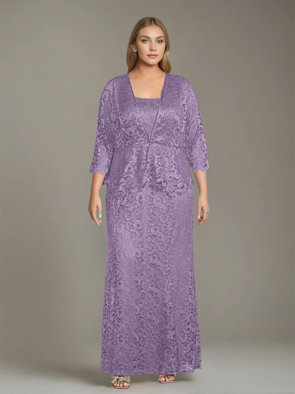 Sheath/Column Square Neck 3/4 Length Sleeves Floor-Length 2 Pieces Plus Size Mother of the Bride Dresses with Jacket - Image 23