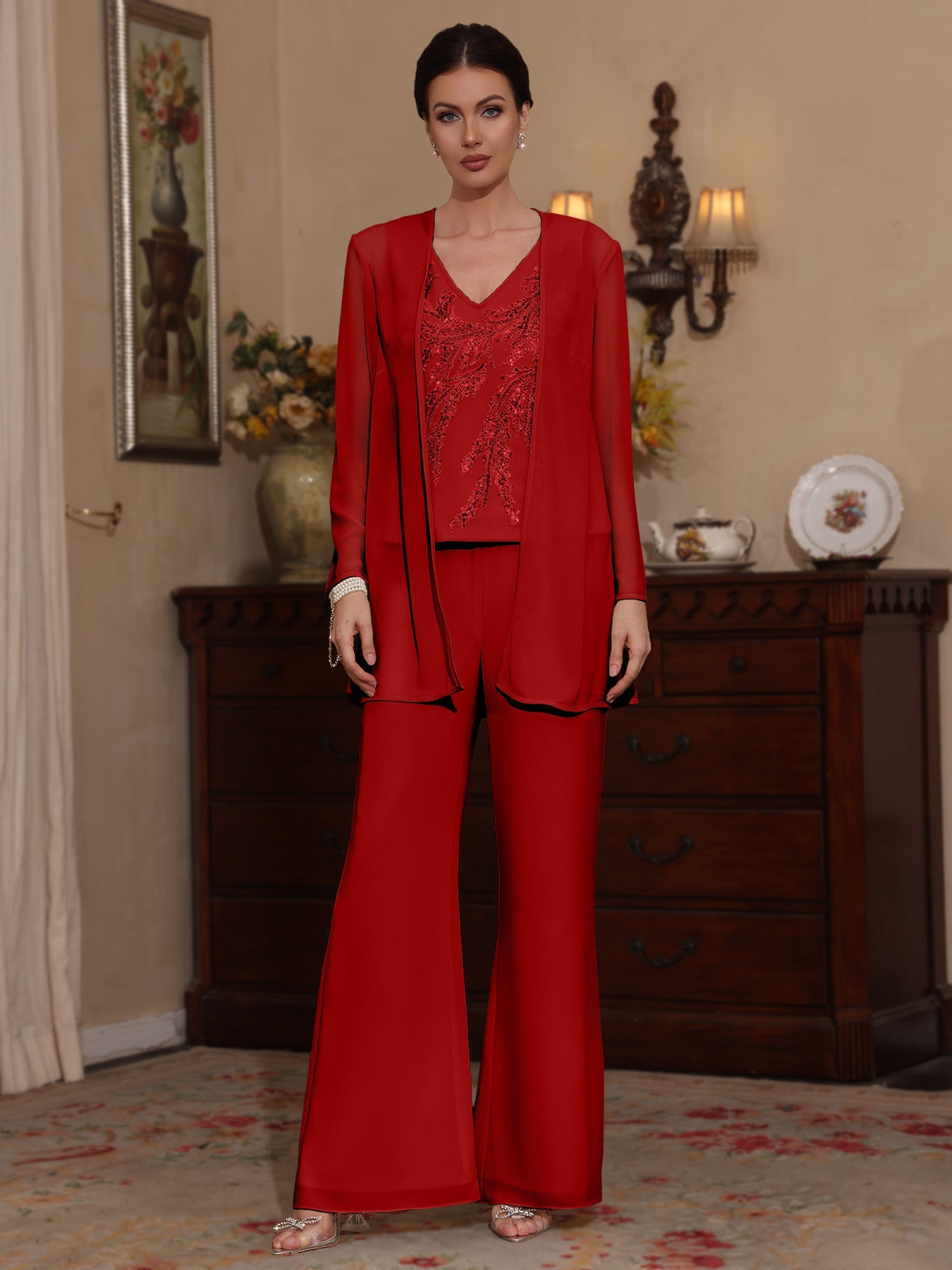 3 Pieces V-Neck Chiffon Mother of the Bride Pantsuits with Jacket Sequins Ankle-Length Long Sleeves - Image 6