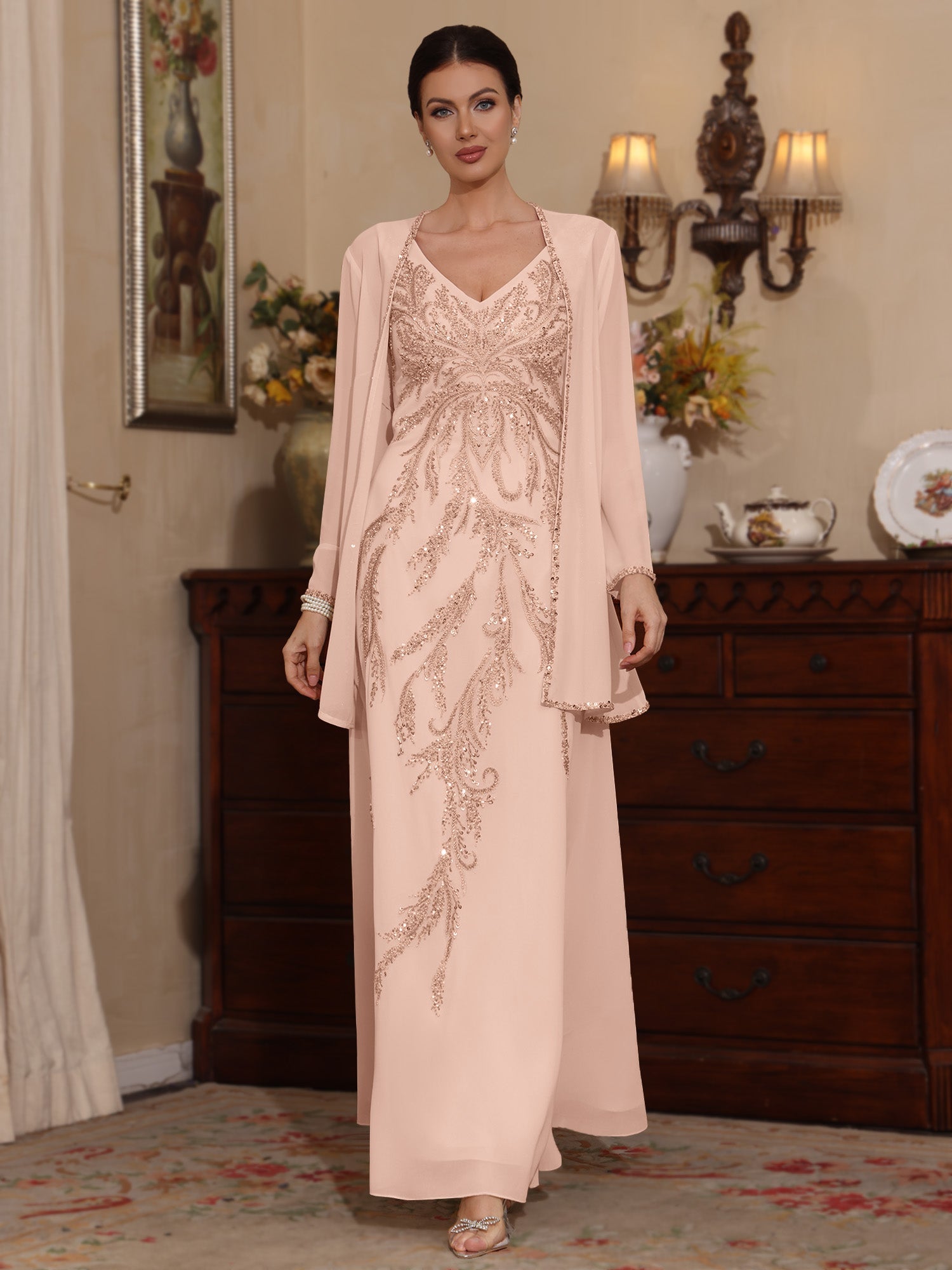2 Pieces A-Line/Princess V-Neck Chiffon Mother of the Bride Dresses with Jacket Sequins Ankle-Length Long Sleeves - 画像 (5)
