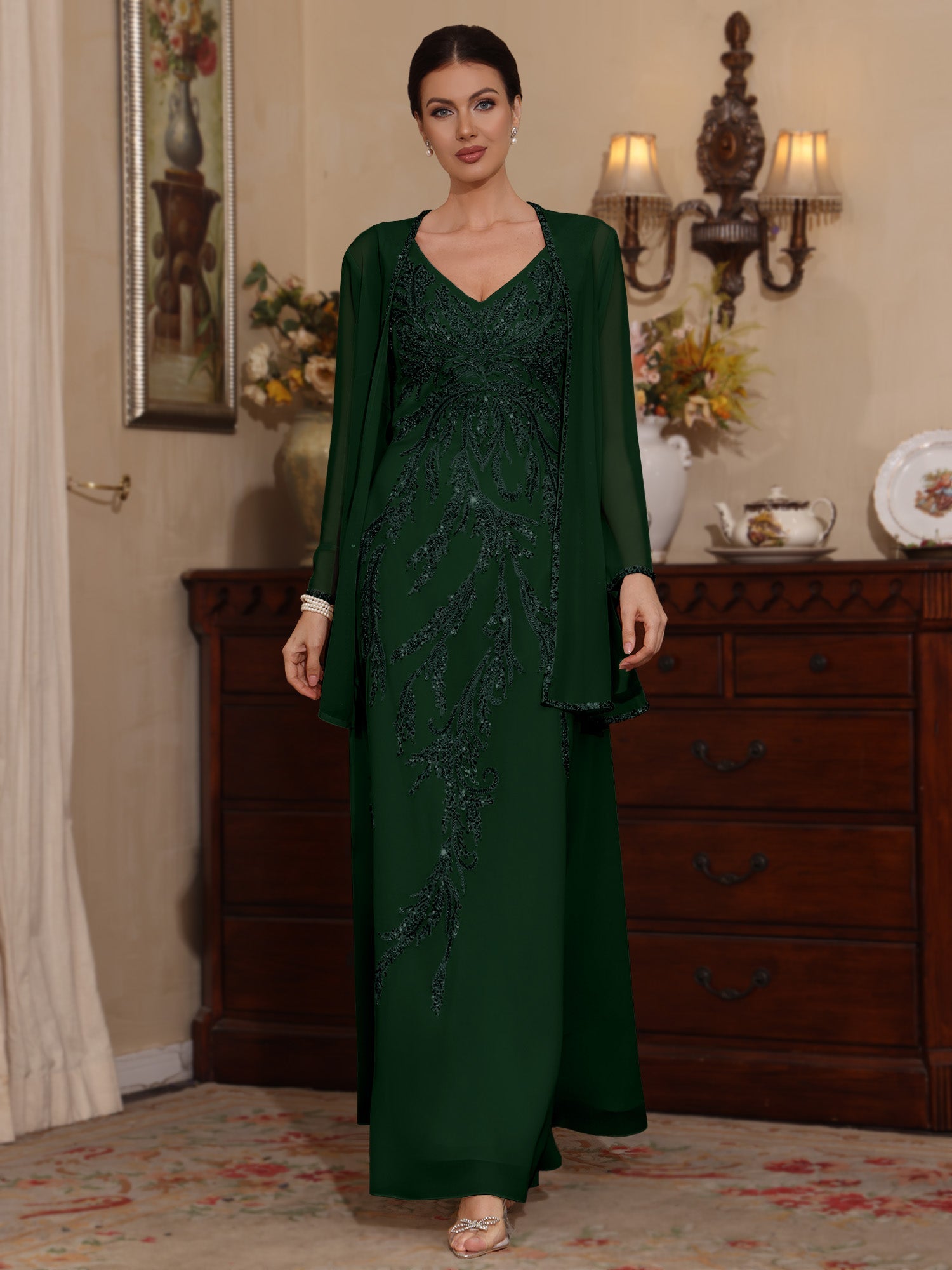 2 Pieces A-Line/Princess V-Neck Chiffon Mother of the Bride Dresses with Jacket Sequins Ankle-Length Long Sleeves - 画像 (10)