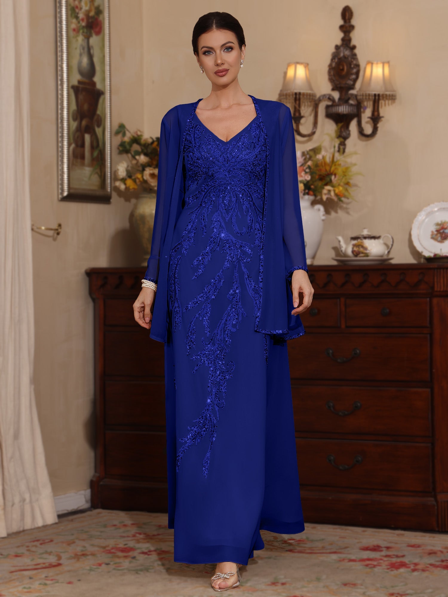 2 Pieces A-Line/Princess V-Neck Chiffon Mother of the Bride Dresses with Jacket Sequins Ankle-Length Long Sleeves - 画像 (15)