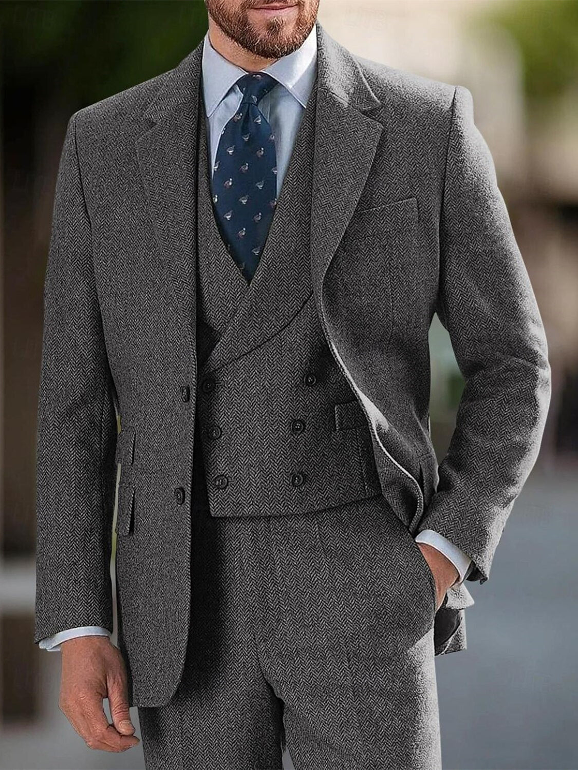 Men's Tailored Fit Single Breasted Two-buttons 3 Pieces Wedding Tweed Suits - 이미지 2