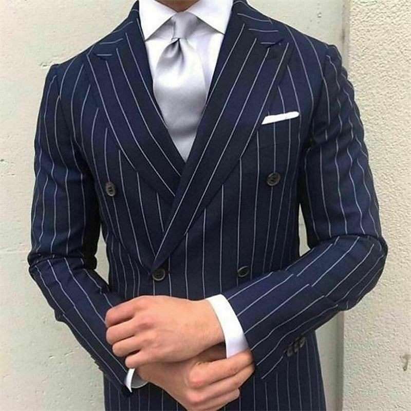Men's Prom Pinstripe Peak Lapel Business Formal Striped Double Breasted Six-buttons Wedding Suits - 画像 (5)