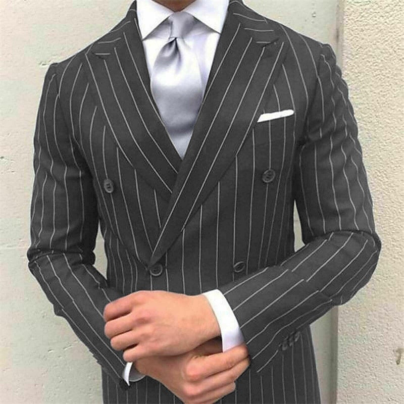 Men's Prom Pinstripe Peak Lapel Business Formal Striped Double Breasted Six-buttons Wedding Suits - 画像 (6)