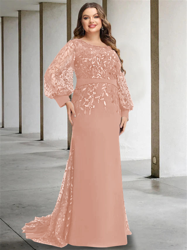 Mermaid/Trumpet Scoop Neck Long Sleeves Floor-Length Plus Size Mother of the Bride Dresses with Sequins - 画像 (19)