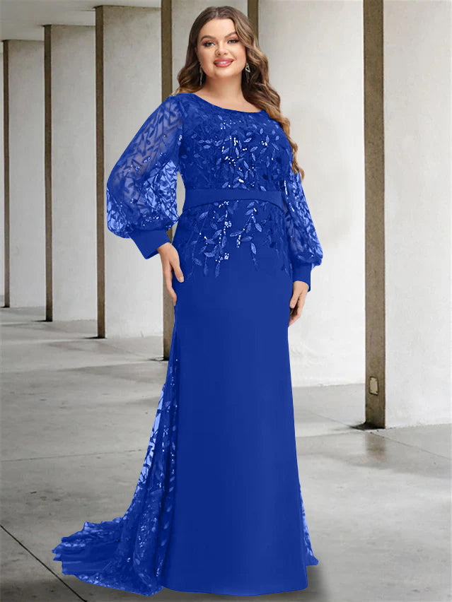 Mermaid/Trumpet Scoop Neck Long Sleeves Floor-Length Plus Size Mother of the Bride Dresses with Sequins - 画像 (43)