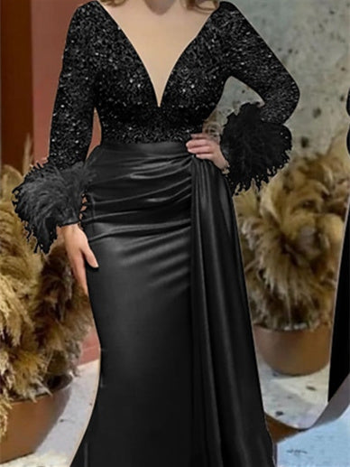 Mermaid/Trumpet V Neck Long Sleeve Court Train Mother of the Bride Dresses Satin with Feather Glitter Ruched - 이미지 7