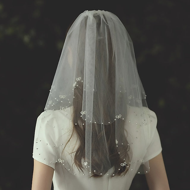 Two-tier Cute / Stylish / Birthday Wedding Veil  with Faux Pearl Tulle - Image 2