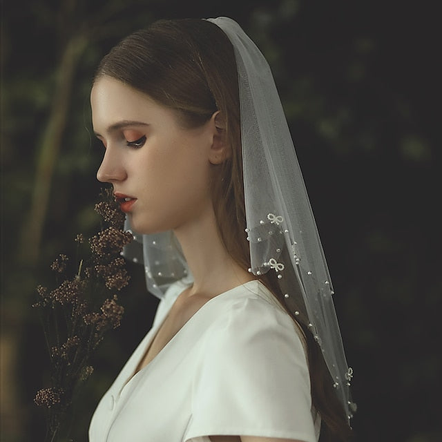 Two-tier Cute / Stylish / Birthday Wedding Veil  with Faux Pearl Tulle - Image 3