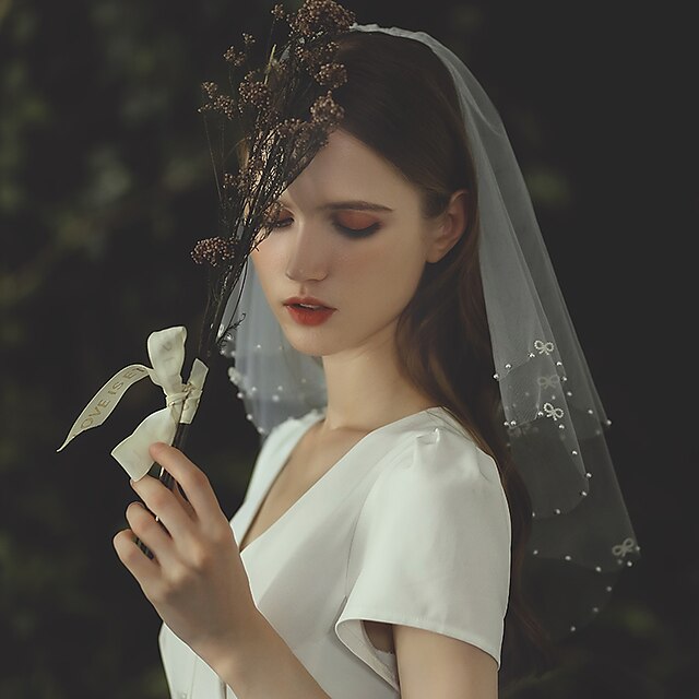 Two-tier Cute / Stylish / Birthday Wedding Veil  with Faux Pearl Tulle - Image 5
