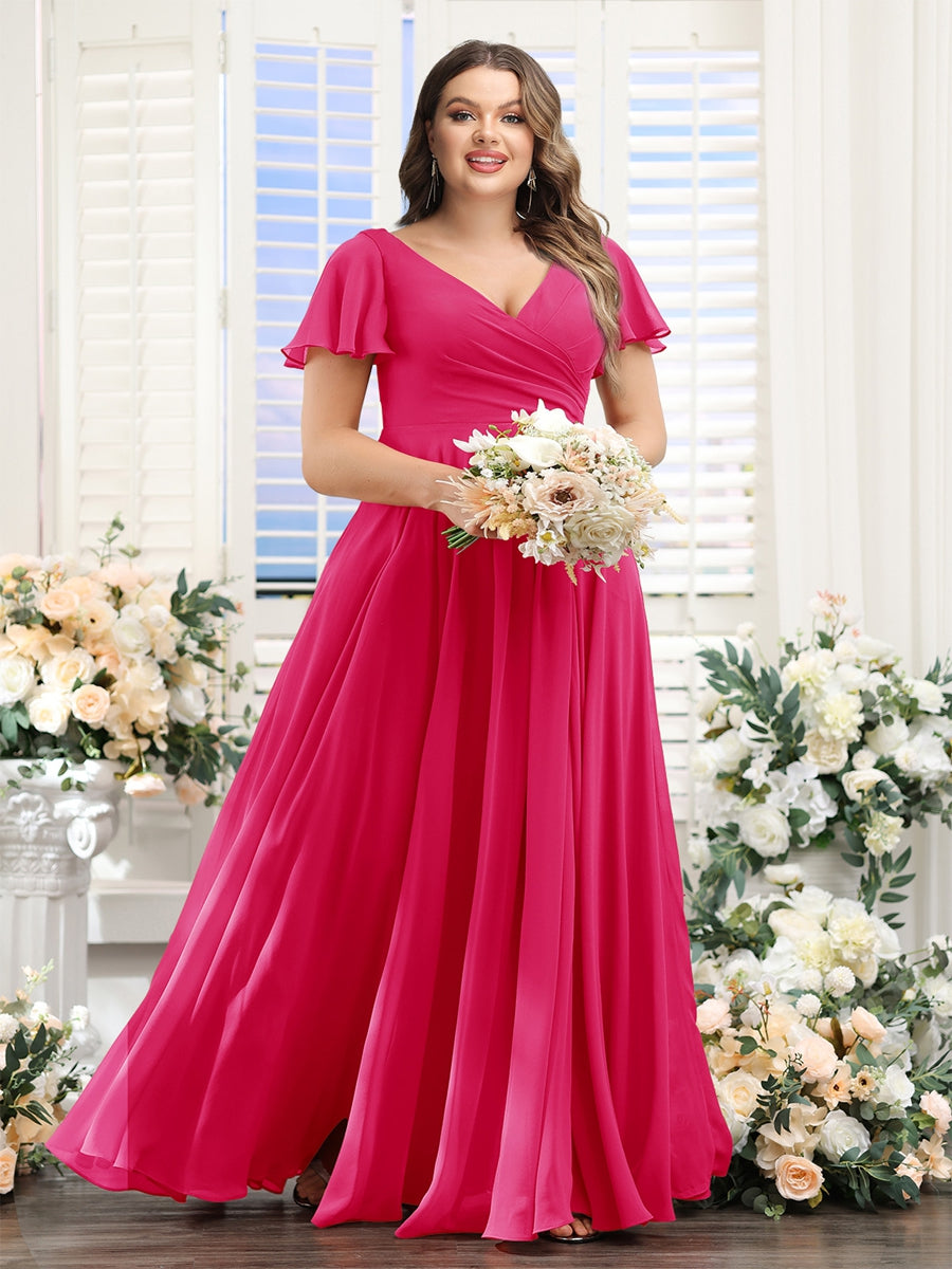 A-Line V-Neck Short Sleeves Split Side Ruched Chiffon Plus Size Bridesmaid Dresses - 画像 (22)