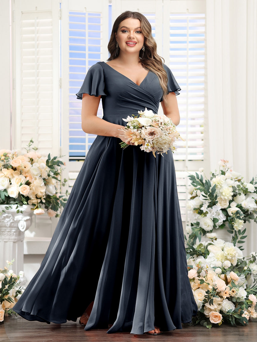 A-Line V-Neck Short Sleeves Split Side Ruched Chiffon Plus Size Bridesmaid Dresses - 画像 (43)