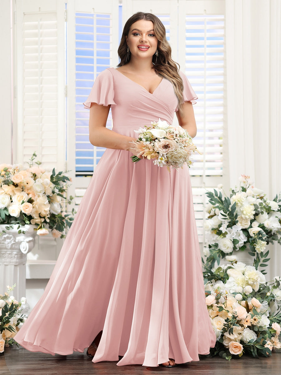 A-Line V-Neck Short Sleeves Split Side Ruched Chiffon Plus Size Bridesmaid Dresses - 画像 (51)