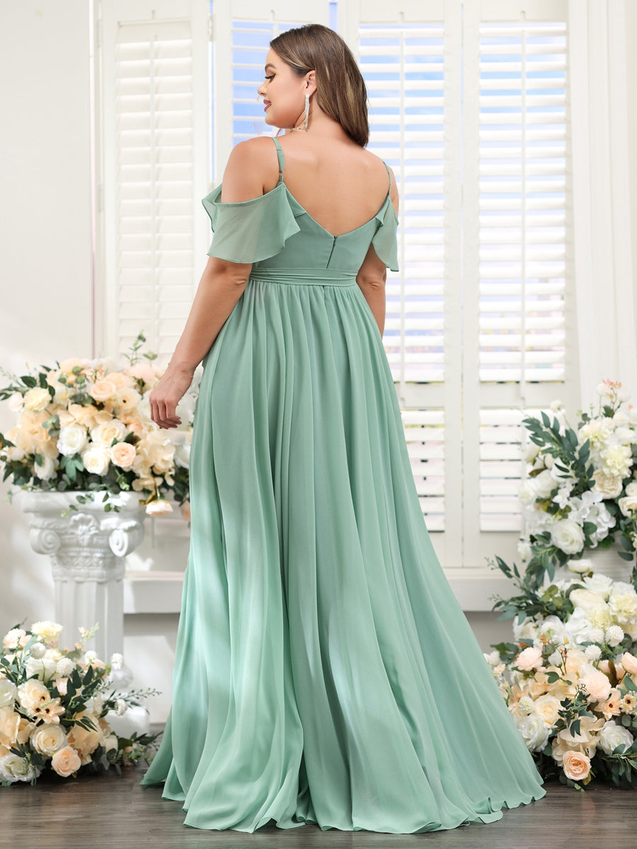 A-Line V-Neck Spaghetti Straps Chiffon Plus Size Bridesmaid Dresses with Pockets - 画像 (2)