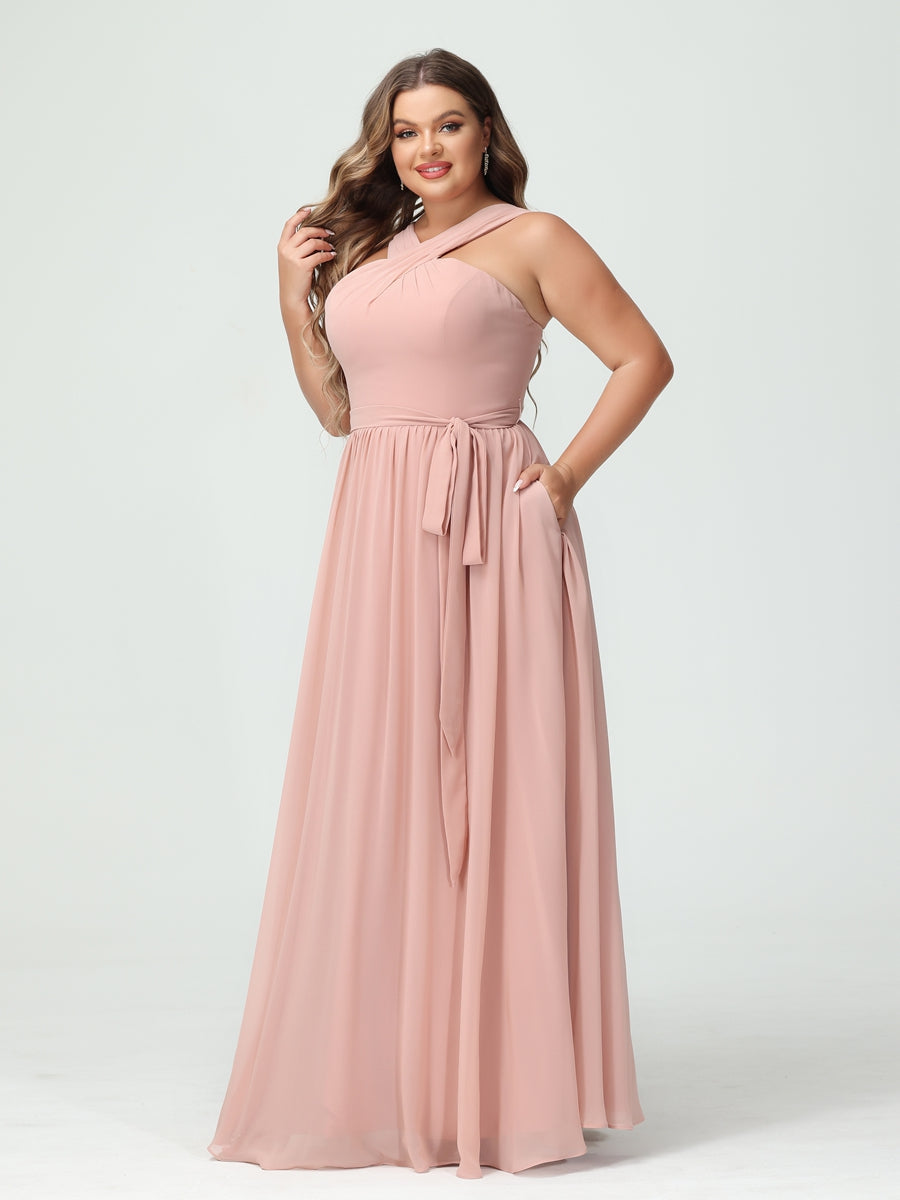 A-Line/Princess Criss Cross Sleeveless Chiffon Plus Size Bridesmaid Dresses with Sash - 이미지 3