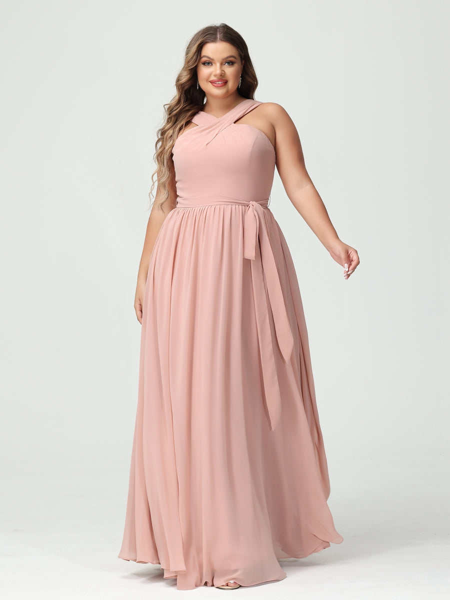 A-Line/Princess Criss Cross Sleeveless Chiffon Plus Size Bridesmaid Dresses with Sash - 이미지 4