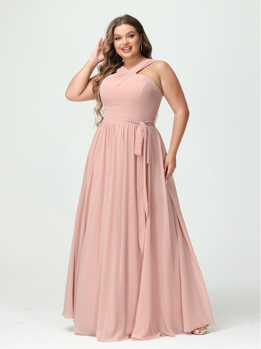 A-Line/Princess Criss Cross Sleeveless Chiffon Plus Size Bridesmaid Dresses with Sash - 이미지 5