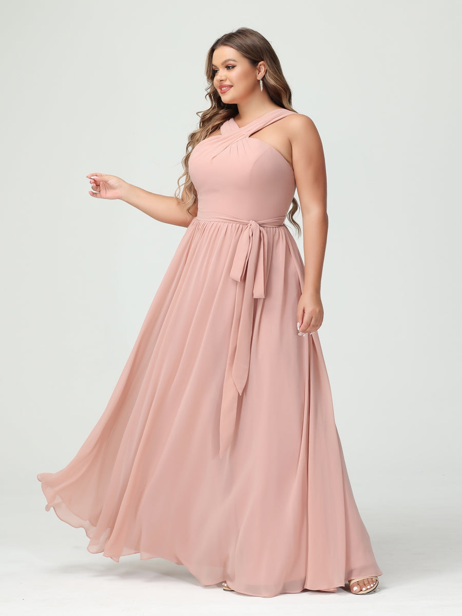 A-Line/Princess Criss Cross Sleeveless Chiffon Plus Size Bridesmaid Dresses with Sash - 이미지 6