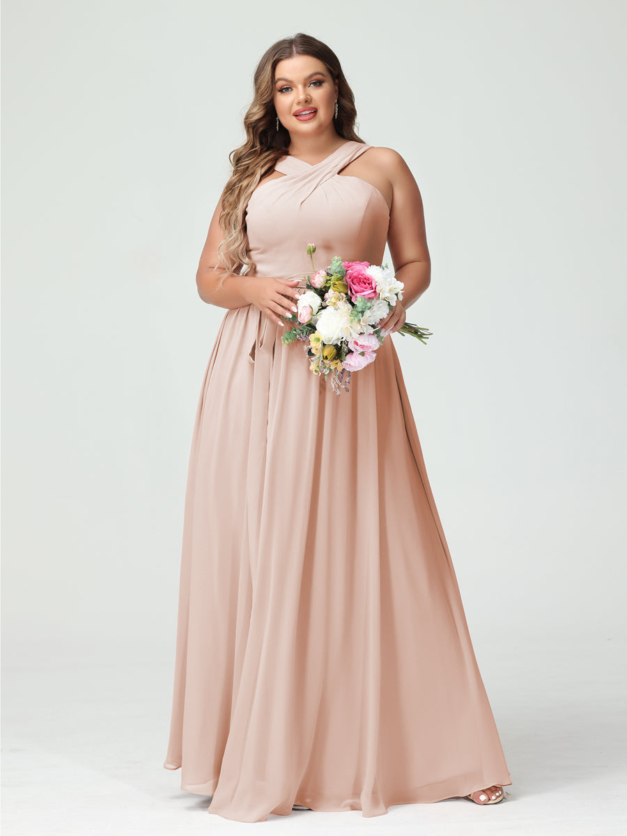 A-Line/Princess Criss Cross Sleeveless Chiffon Plus Size Bridesmaid Dresses with Sash - 이미지 28