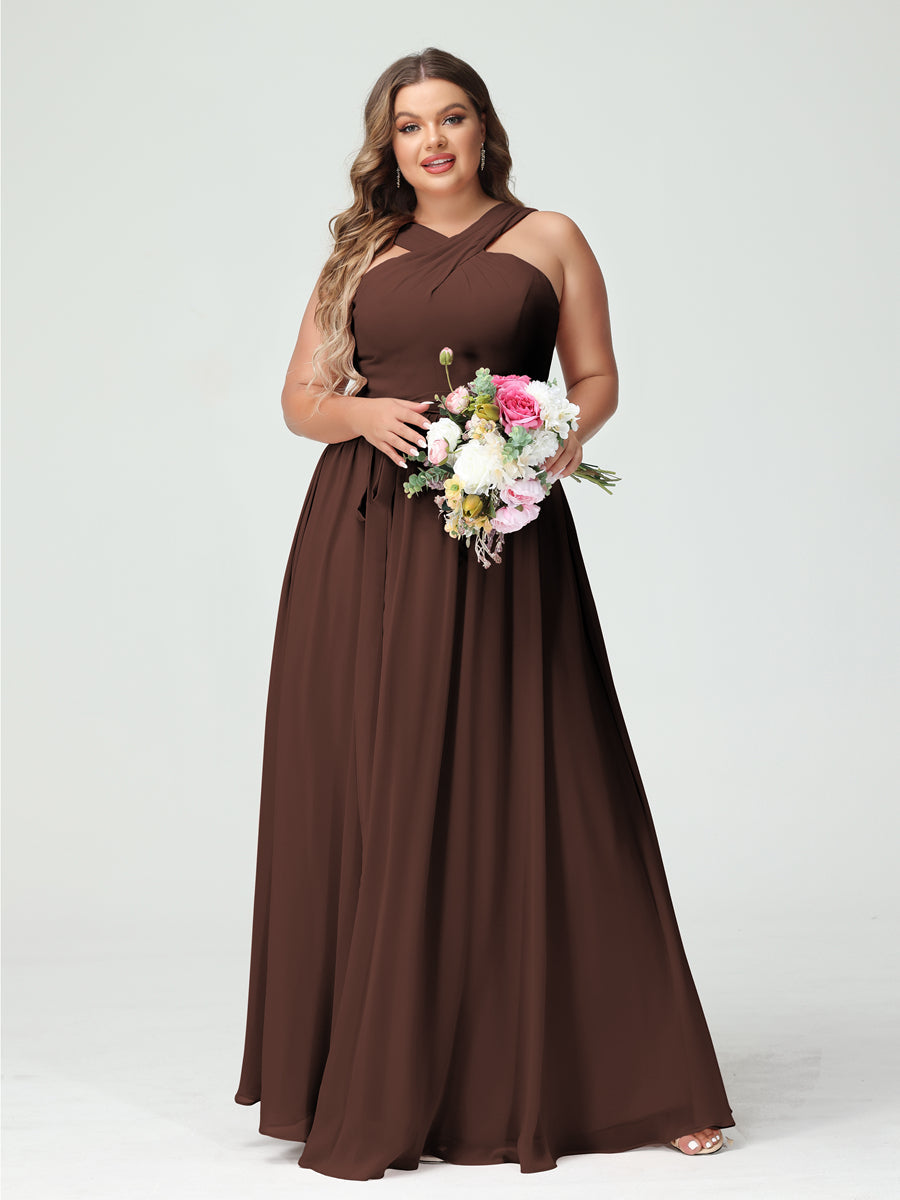 A-Line/Princess Criss Cross Sleeveless Chiffon Plus Size Bridesmaid Dresses with Sash - 이미지 76