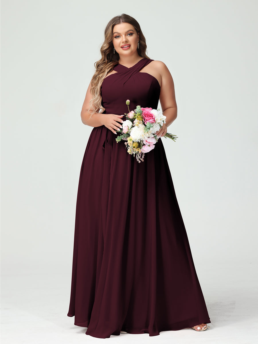 A-Line/Princess Criss Cross Sleeveless Chiffon Plus Size Bridesmaid Dresses with Sash - 이미지 12