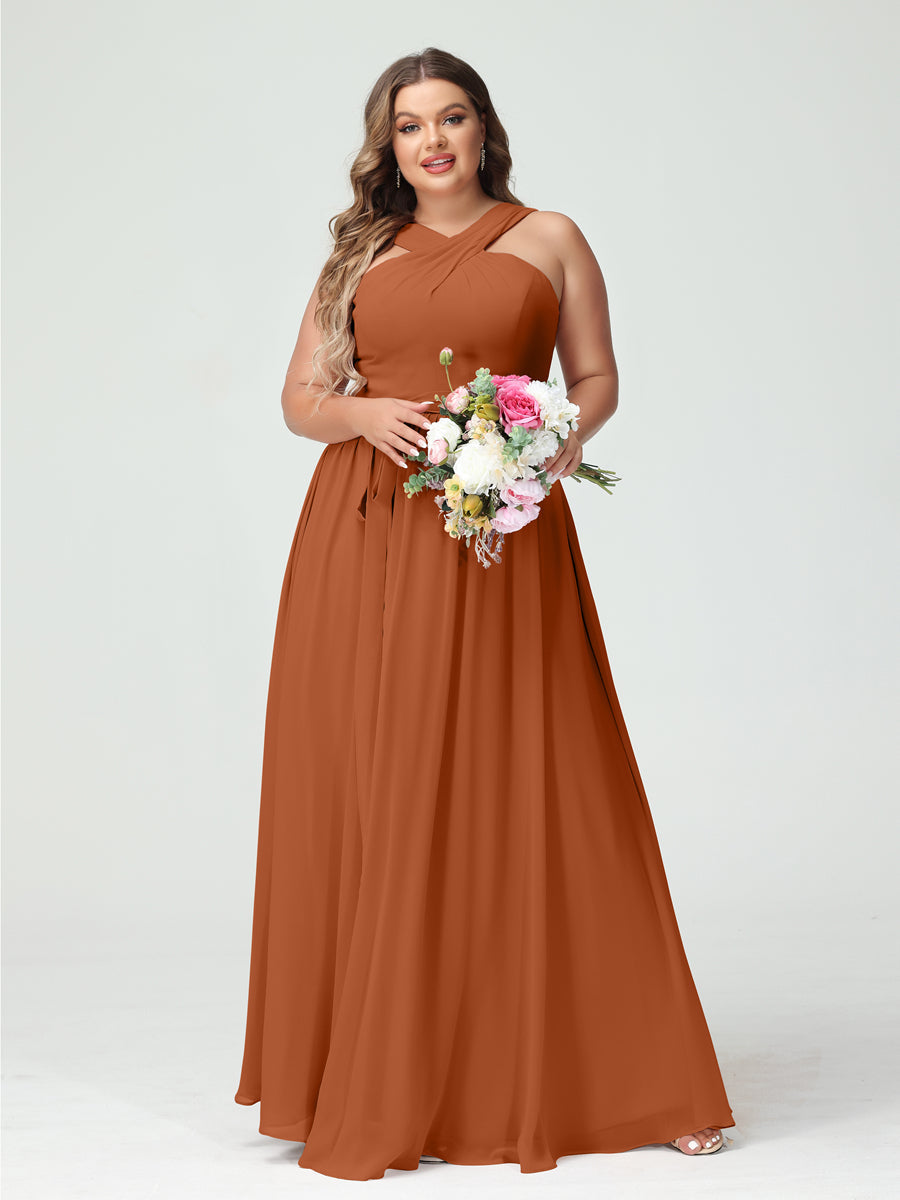 A-Line/Princess Criss Cross Sleeveless Chiffon Plus Size Bridesmaid Dresses with Sash - 이미지 9