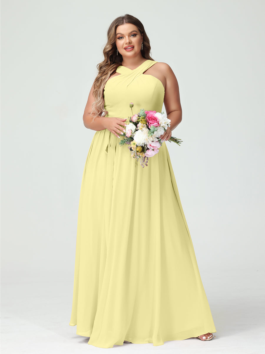 A-Line/Princess Criss Cross Sleeveless Chiffon Plus Size Bridesmaid Dresses with Sash - 이미지 69