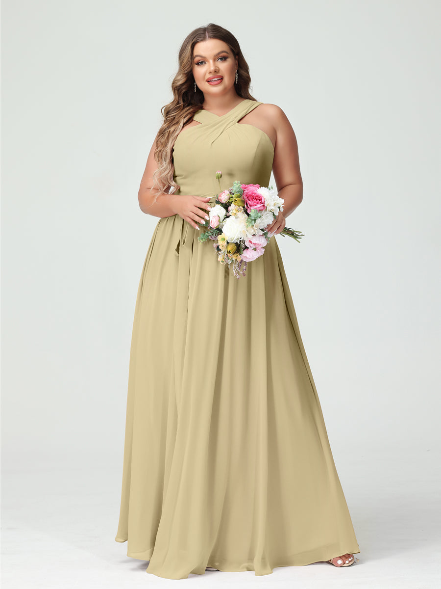 A-Line/Princess Criss Cross Sleeveless Chiffon Plus Size Bridesmaid Dresses with Sash - 이미지 24