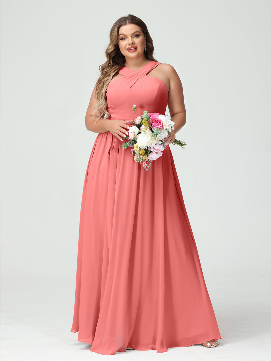 A-Line/Princess Criss Cross Sleeveless Chiffon Plus Size Bridesmaid Dresses with Sash - 이미지 32