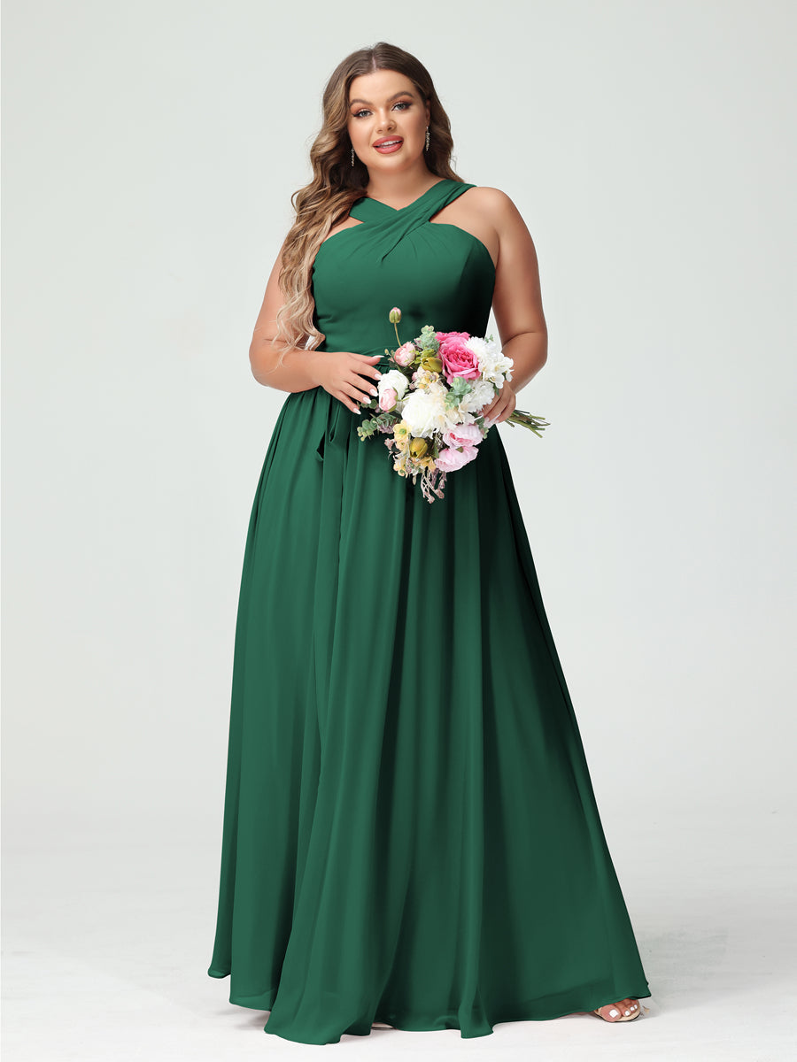 A-Line/Princess Criss Cross Sleeveless Chiffon Plus Size Bridesmaid Dresses with Sash - 이미지 11
