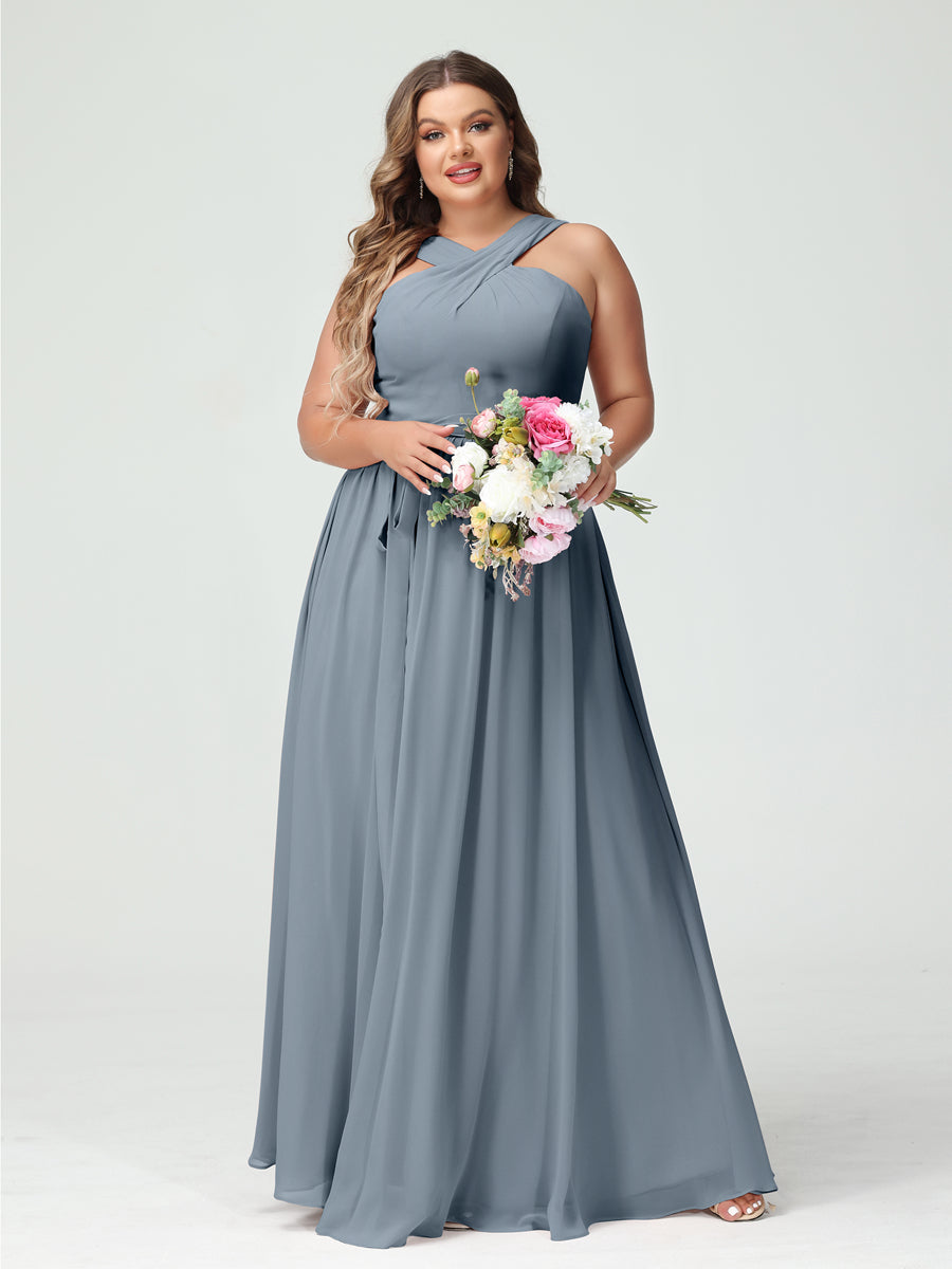 A-Line/Princess Criss Cross Sleeveless Chiffon Plus Size Bridesmaid Dresses with Sash - 이미지 8