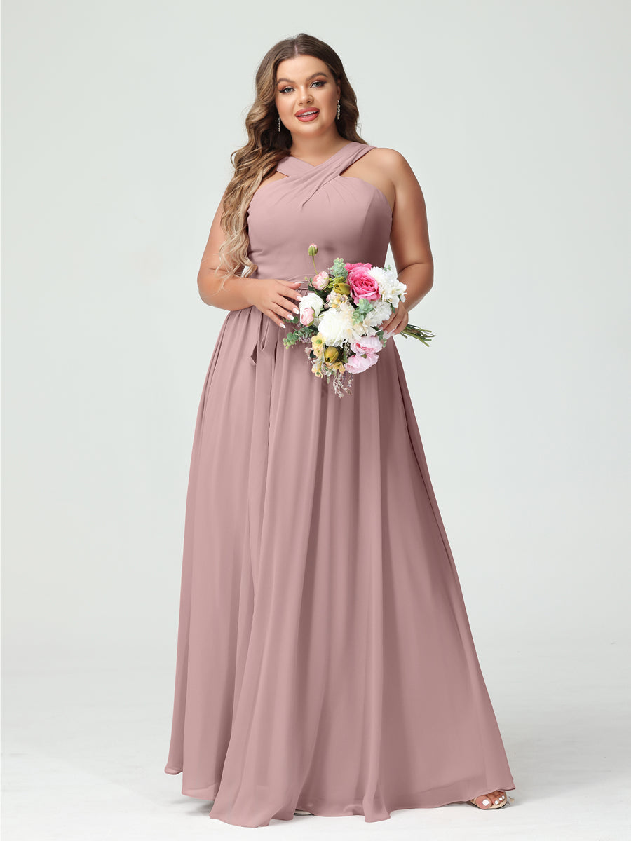 A-Line/Princess Criss Cross Sleeveless Chiffon Plus Size Bridesmaid Dresses with Sash - 이미지 30