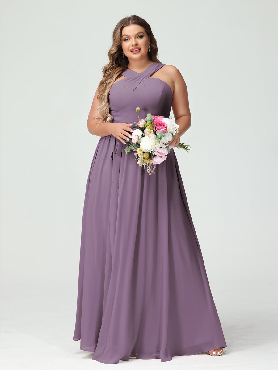 A-Line/Princess Criss Cross Sleeveless Chiffon Plus Size Bridesmaid Dresses with Sash - 이미지 40