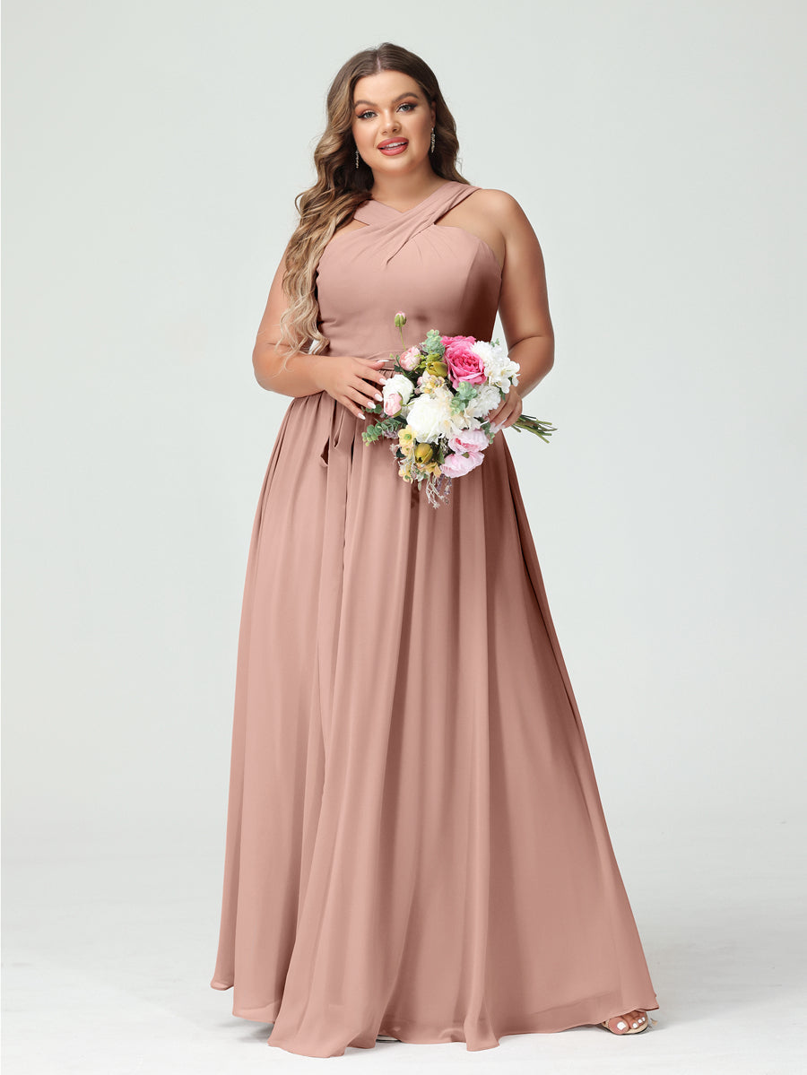 A-Line/Princess Criss Cross Sleeveless Chiffon Plus Size Bridesmaid Dresses with Sash - 이미지 7