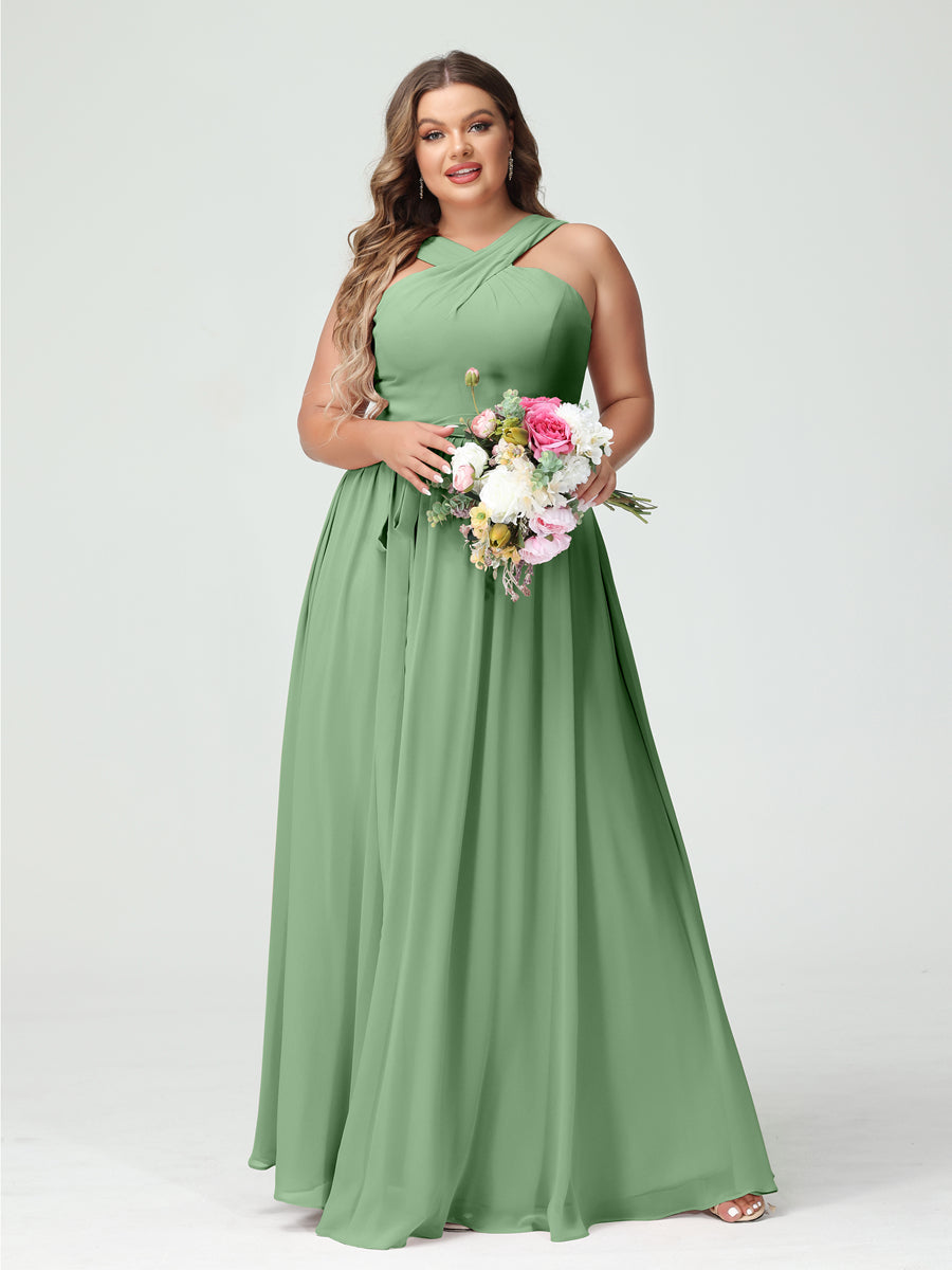 A-Line/Princess Criss Cross Sleeveless Chiffon Plus Size Bridesmaid Dresses with Sash - 이미지 16