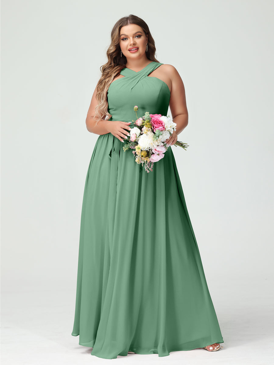 A-Line/Princess Criss Cross Sleeveless Chiffon Plus Size Bridesmaid Dresses with Sash - 이미지 17