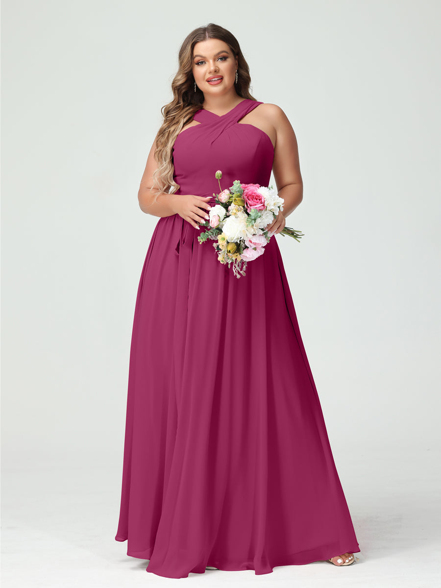 A-Line/Princess Criss Cross Sleeveless Chiffon Plus Size Bridesmaid Dresses with Sash - 이미지 35