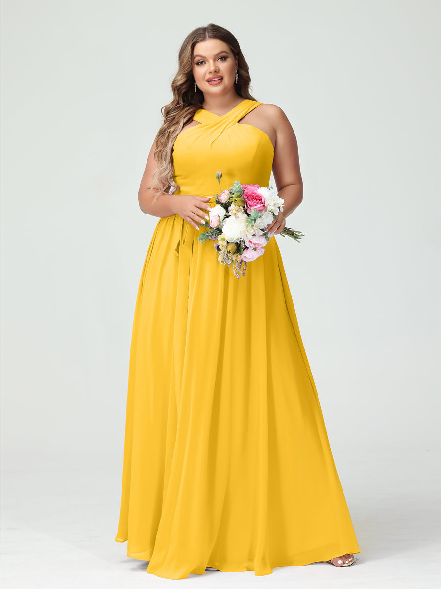 A-Line/Princess Criss Cross Sleeveless Chiffon Plus Size Bridesmaid Dresses with Sash - 이미지 71