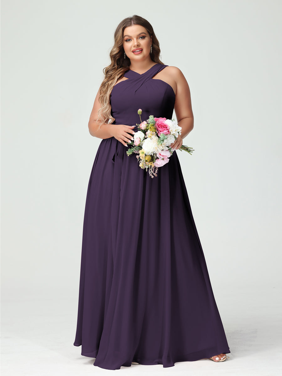 A-Line/Princess Criss Cross Sleeveless Chiffon Plus Size Bridesmaid Dresses with Sash - 이미지 45