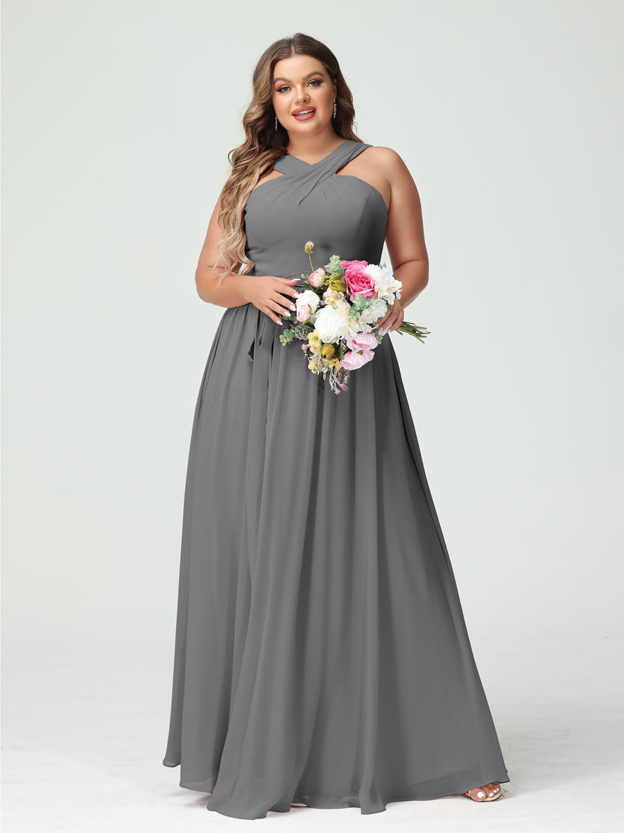 A-Line/Princess Criss Cross Sleeveless Chiffon Plus Size Bridesmaid Dresses with Sash - 이미지 75