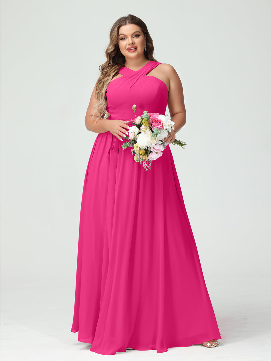 A-Line/Princess Criss Cross Sleeveless Chiffon Plus Size Bridesmaid Dresses with Sash - 이미지 33