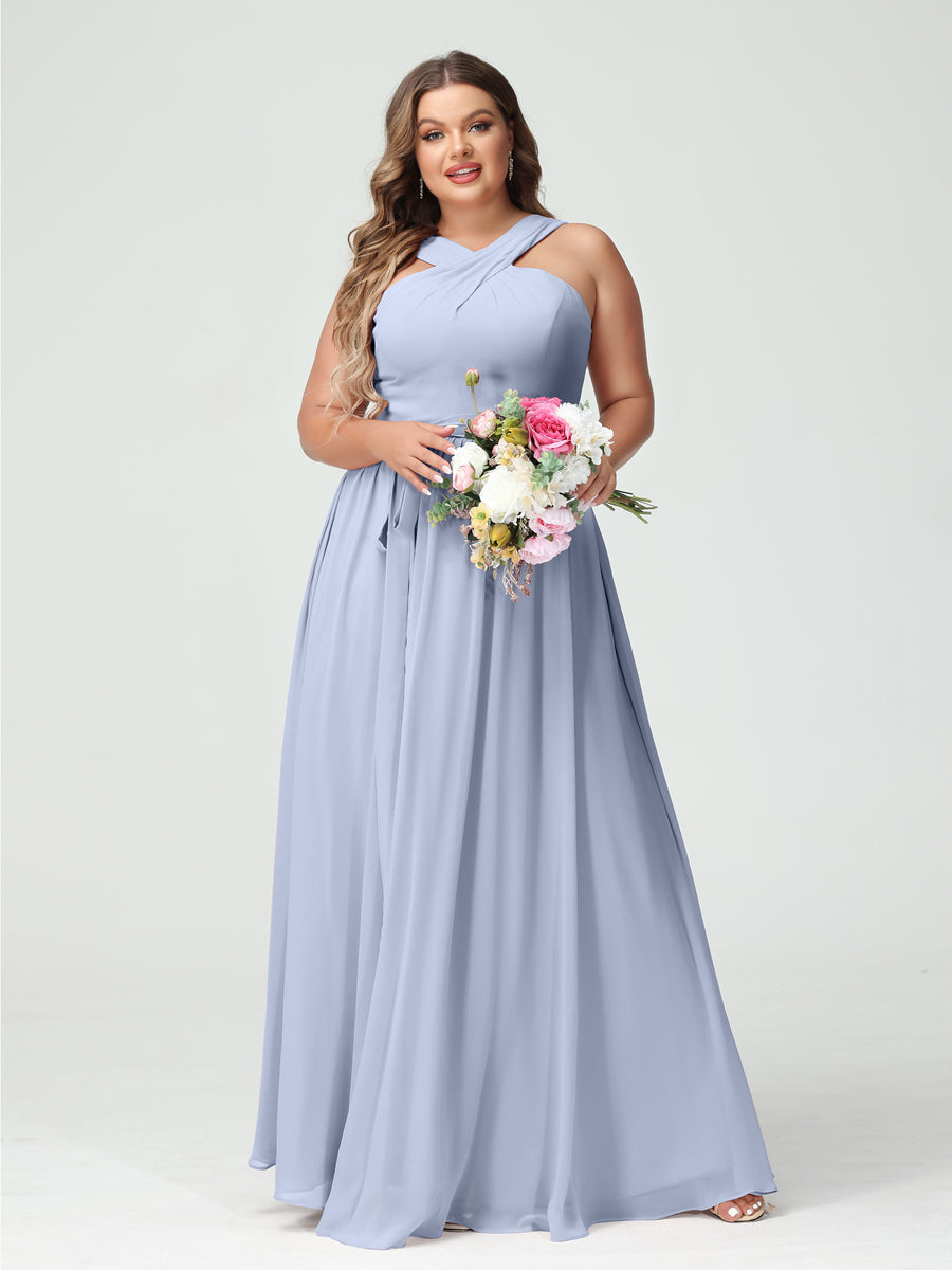 A-Line/Princess Criss Cross Sleeveless Chiffon Plus Size Bridesmaid Dresses with Sash - 이미지 48