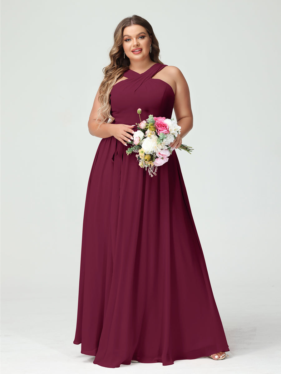 A-Line/Princess Criss Cross Sleeveless Chiffon Plus Size Bridesmaid Dresses with Sash - 이미지 38
