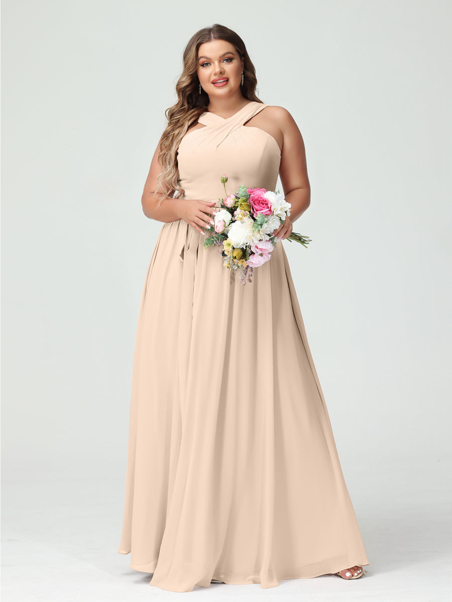 A-Line/Princess Criss Cross Sleeveless Chiffon Plus Size Bridesmaid Dresses with Sash - 이미지 23