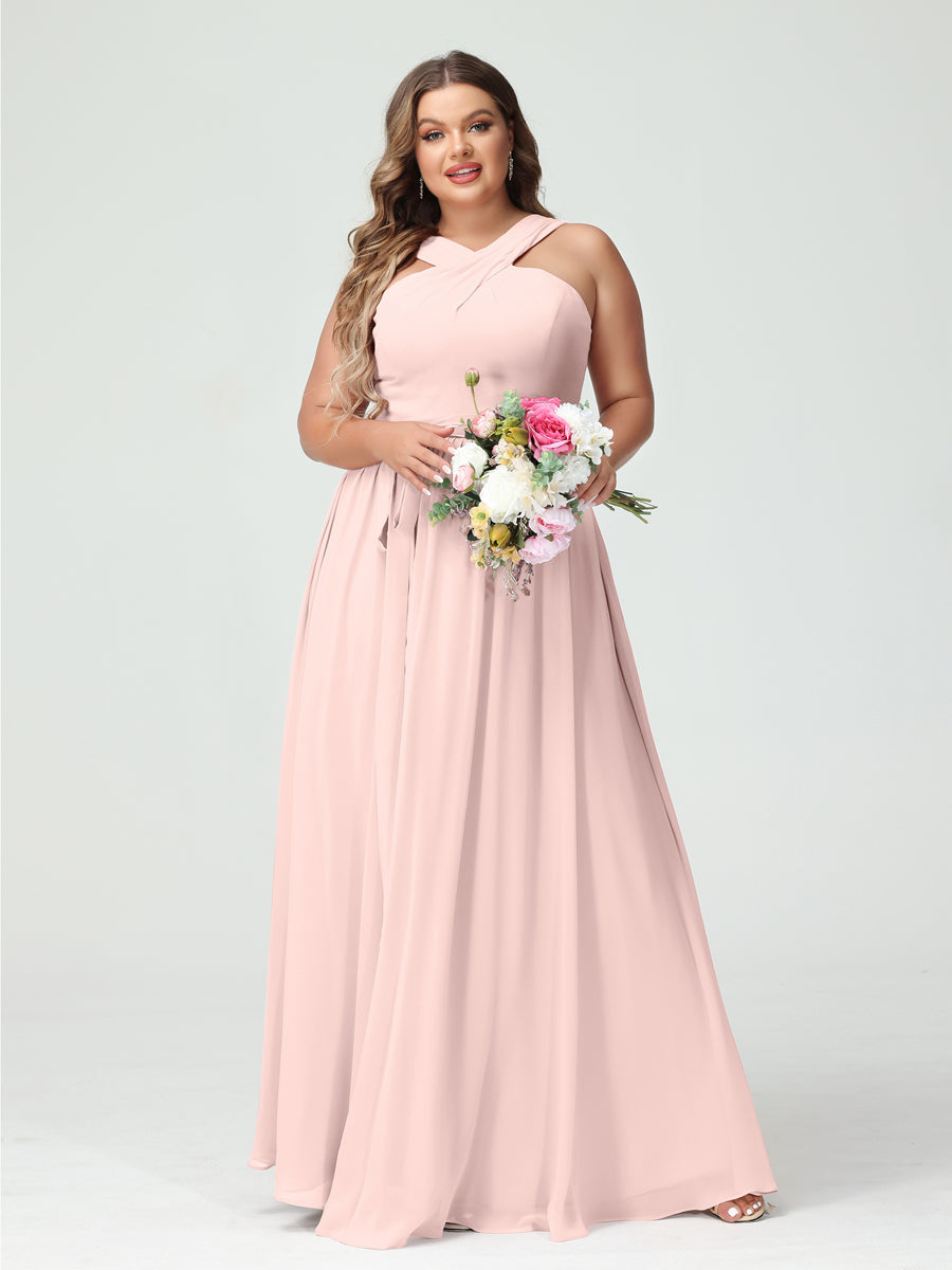A-Line/Princess Criss Cross Sleeveless Chiffon Plus Size Bridesmaid Dresses with Sash - 이미지 27