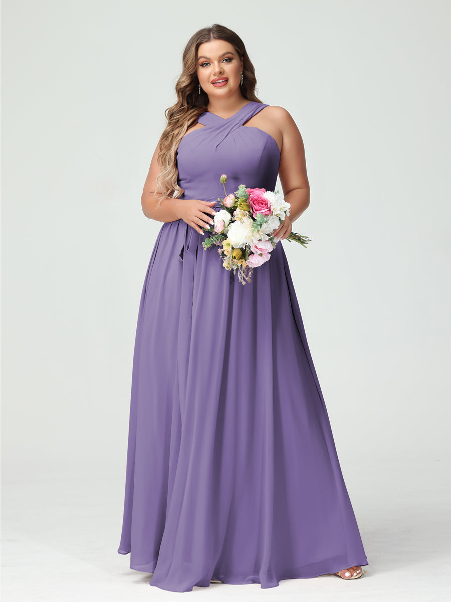 A-Line/Princess Criss Cross Sleeveless Chiffon Plus Size Bridesmaid Dresses with Sash - 이미지 41