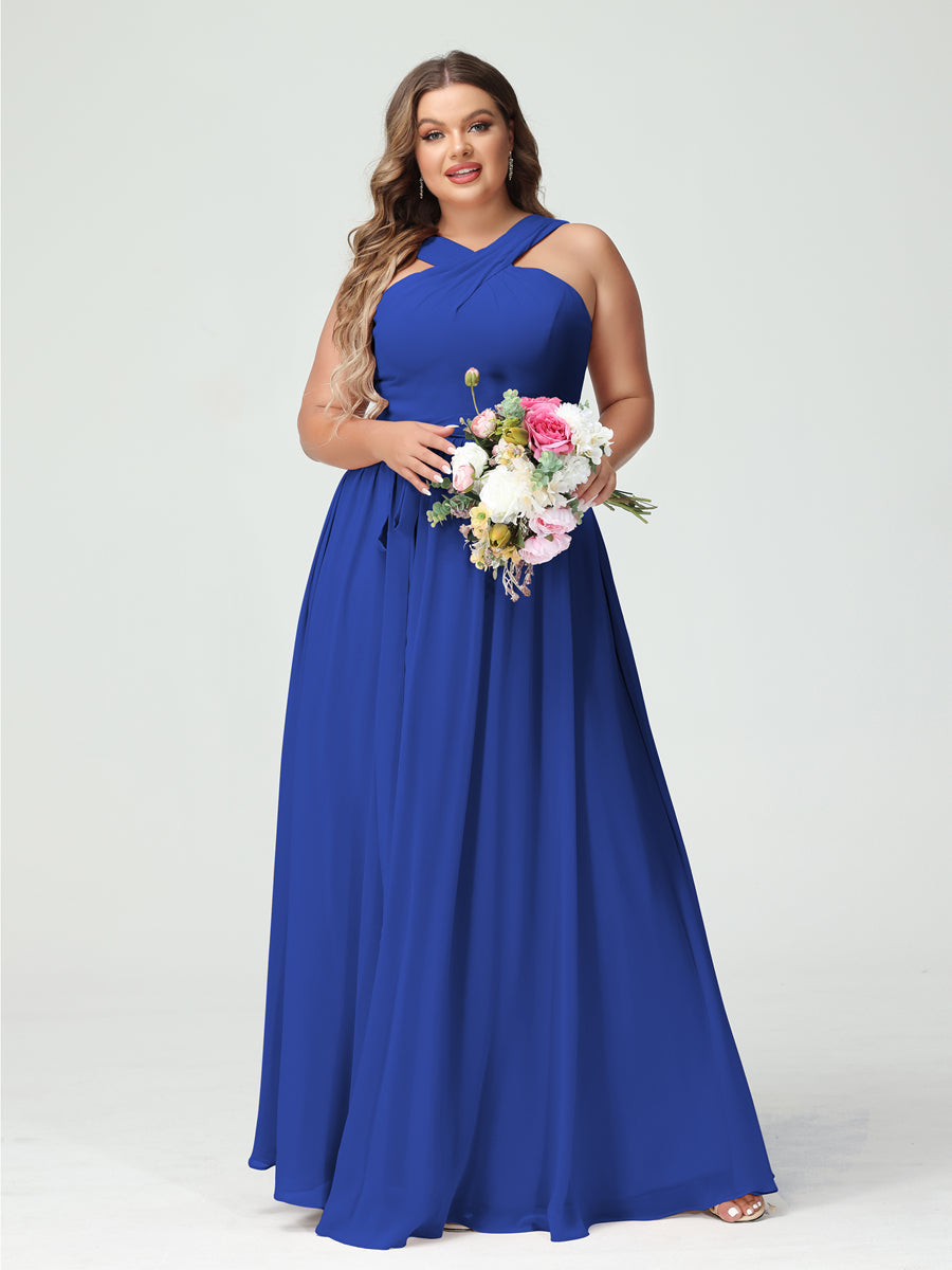 A-Line/Princess Criss Cross Sleeveless Chiffon Plus Size Bridesmaid Dresses with Sash - 이미지 54