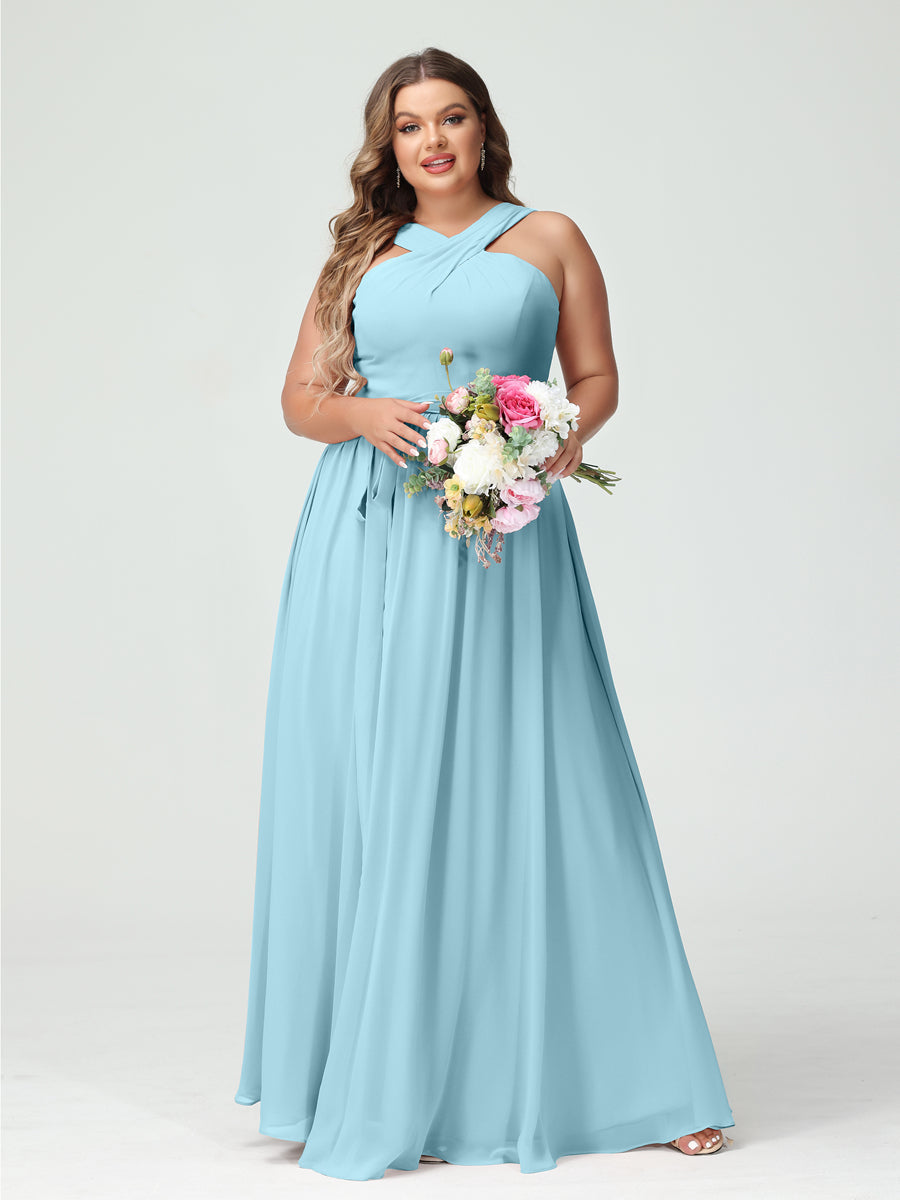 A-Line/Princess Criss Cross Sleeveless Chiffon Plus Size Bridesmaid Dresses with Sash - 이미지 49