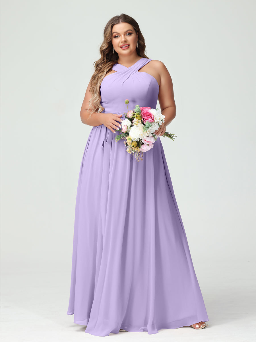 A-Line/Princess Criss Cross Sleeveless Chiffon Plus Size Bridesmaid Dresses with Sash - 이미지 14